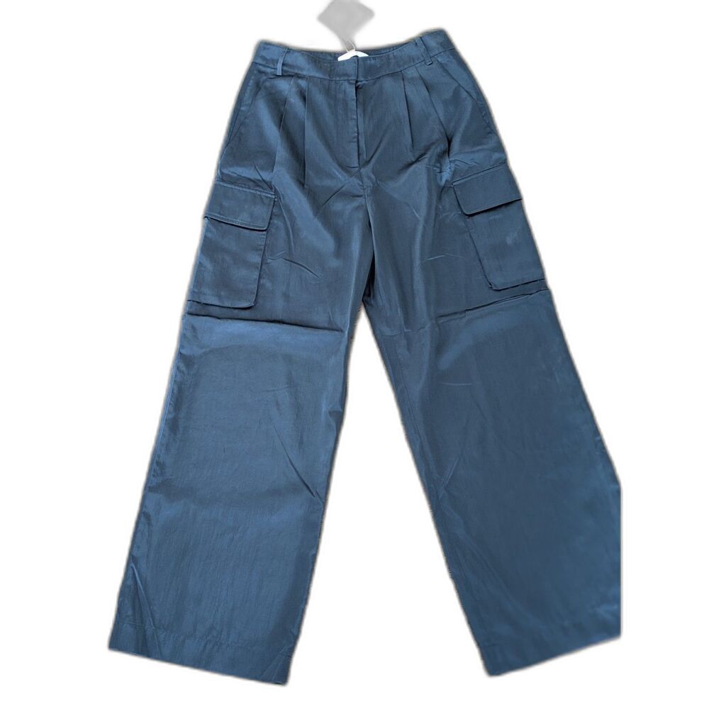 Tibi Wide Leg Cargo Pants Size 2 Navy Blue Sateen Pleated High Rise NEW